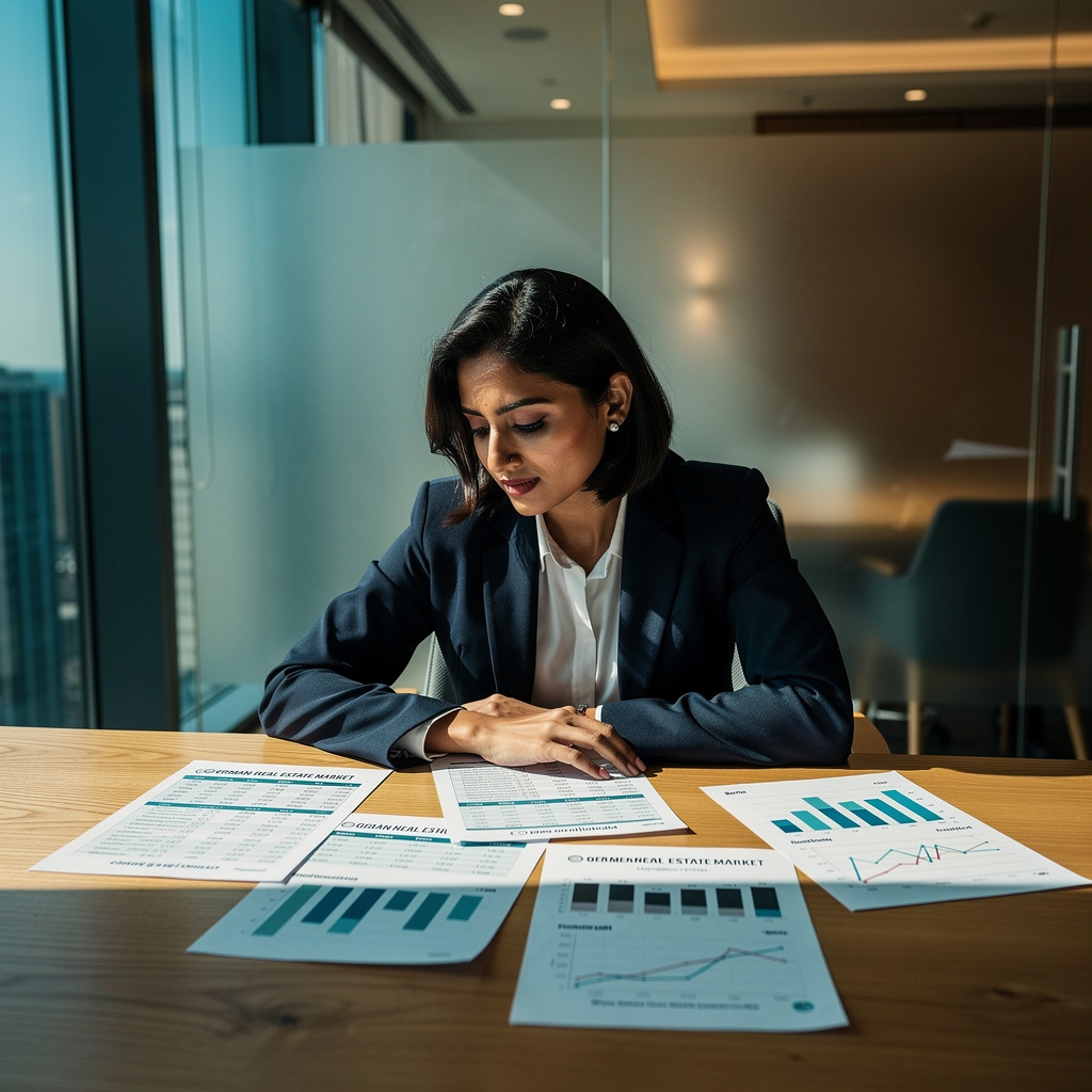 Person analysiert Immobilienmarktbericht am Schreibtisch